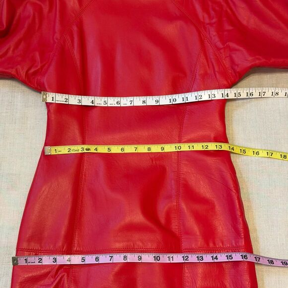 Vintage 80s 90s Red Leather Pencil Dress Mod Wife Rock Grunge Holiday Party XS - Picture 12 of 16